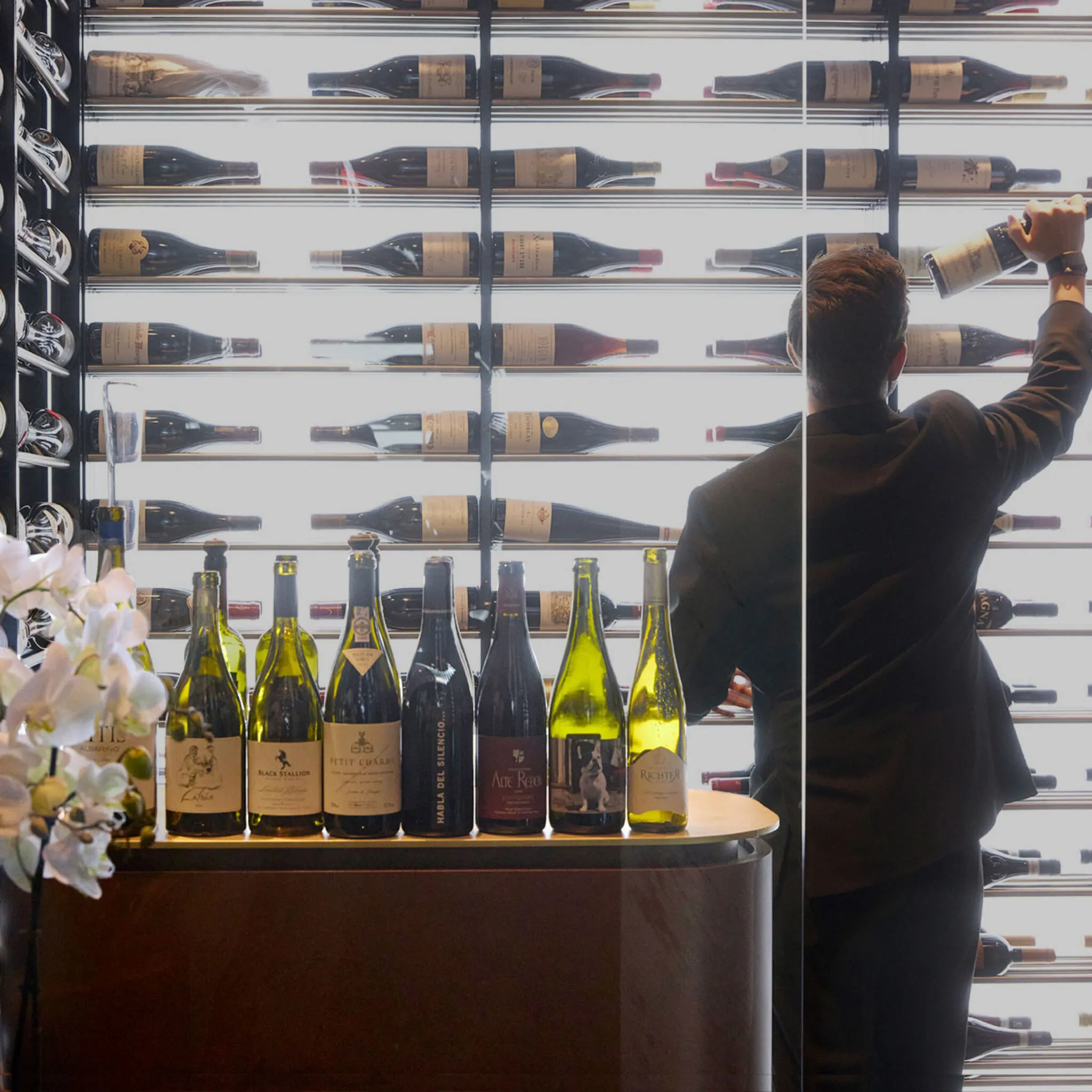 Ein schick gekleideter Sommelier vor einem Weinregal, der eine Weinflasche herausnimmt. Im Vordergrund steht eine Theke mit mehreren Weinflaschen.